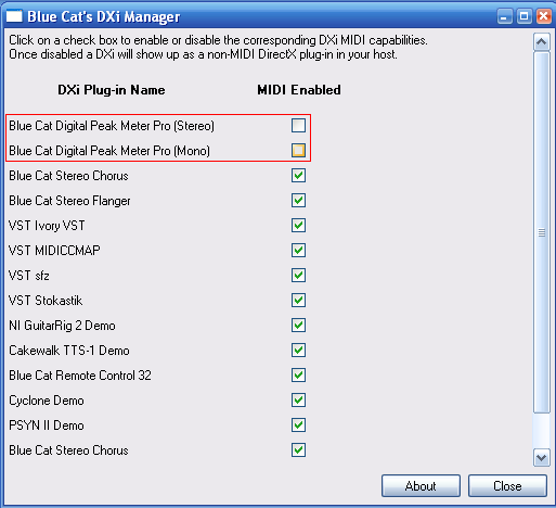 Step 02 - Launch the DXi Manager and uncheck the 'MIDI enabled' button for the plug-ins you want to use in Vegas 